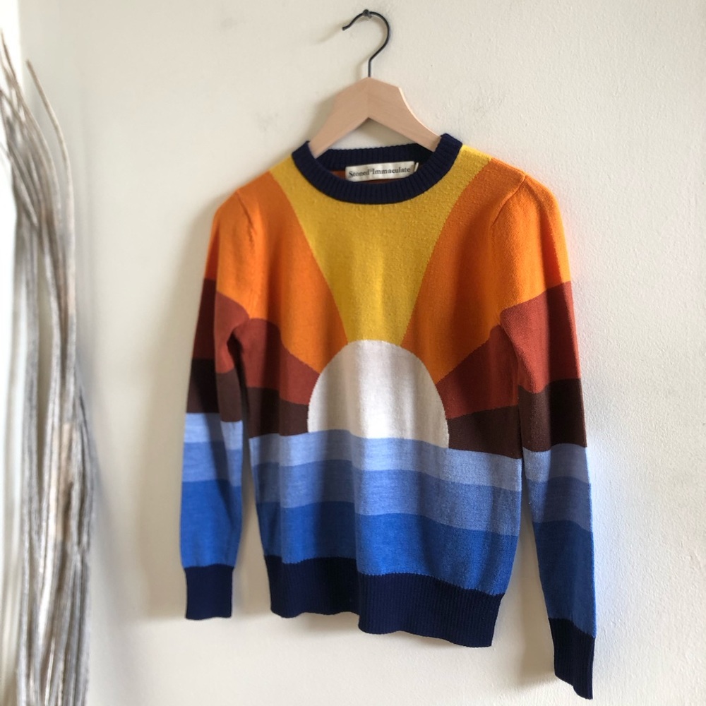 Stoned Immaculate California Dreamin Small Sweater Sun Rainbow Intarsia Knit